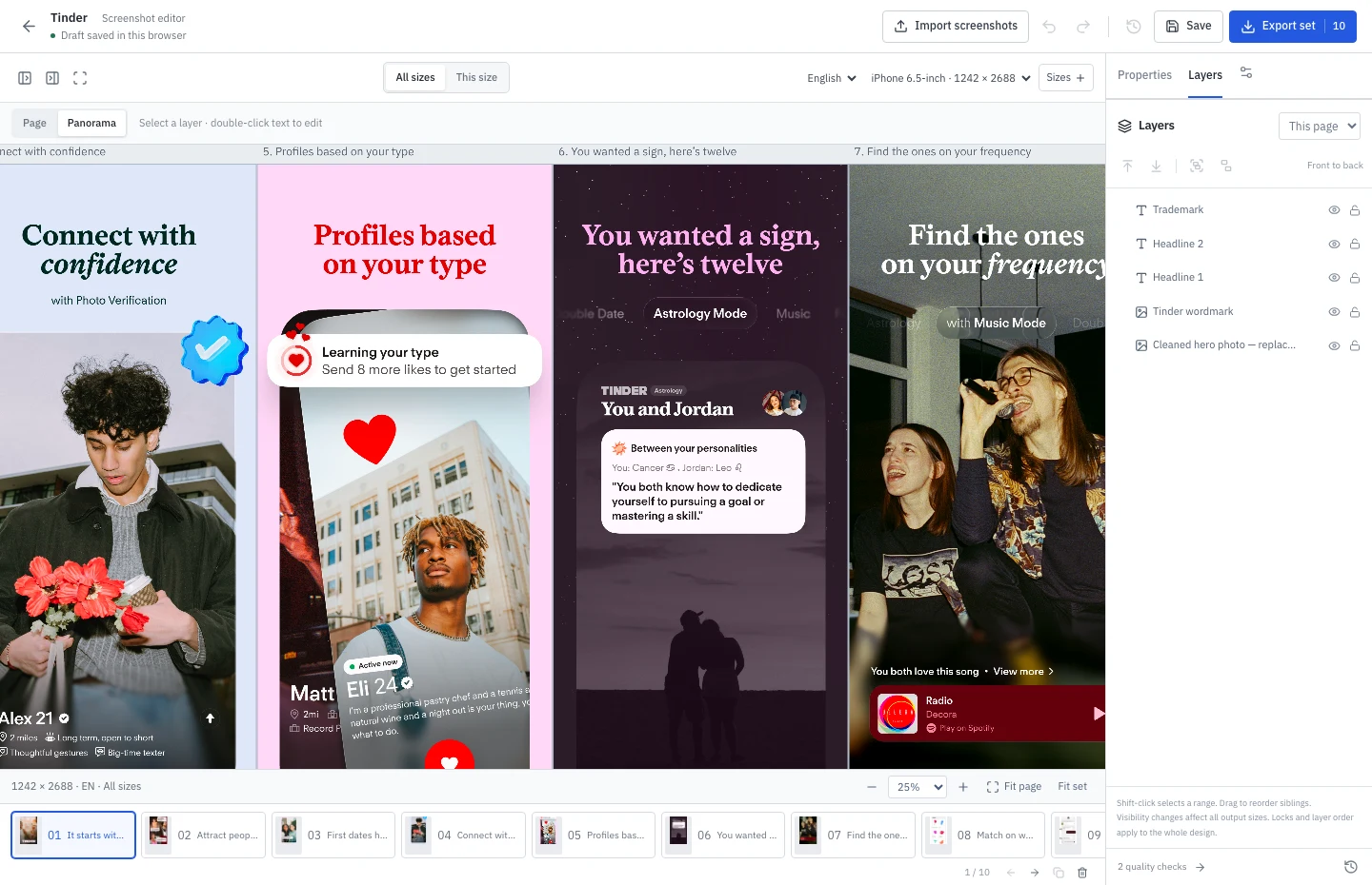 ShotFleet’s real panorama editor showing editable Tinder screenshots and the layer panel