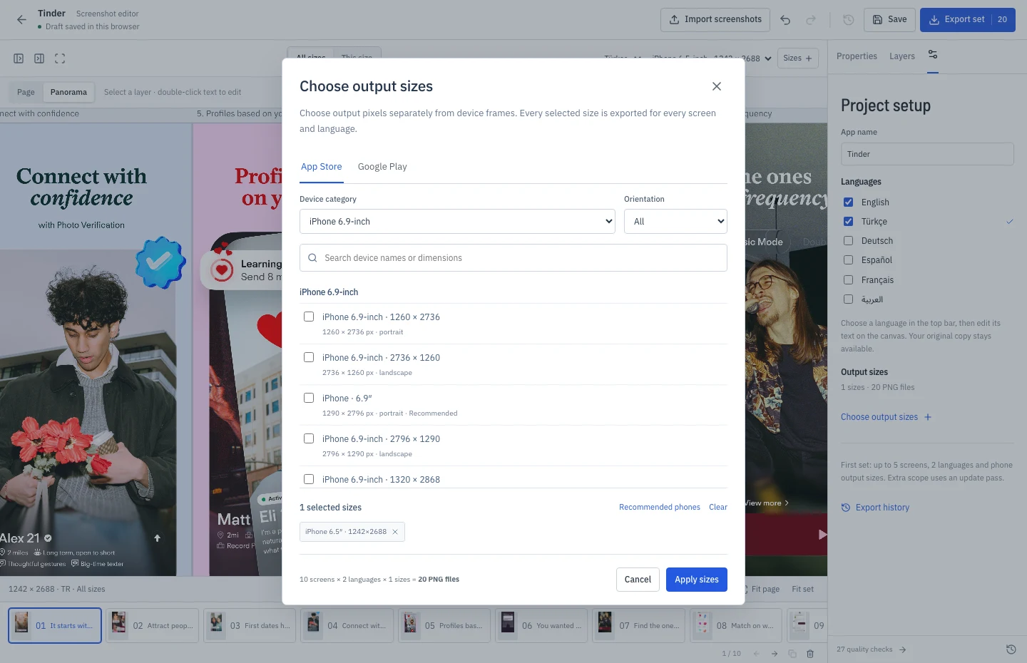 ShotFleet’s actual output size chooser with App Store and Google Play phone presets
